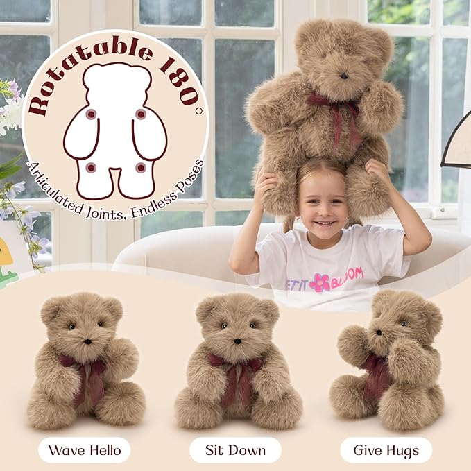 MorisMos Teddy Bear Stuffed Animal,16.5'' Brown Stuffed Bear Plush Toy for Kid Girl Boy,180° Joints Posed Cuddly Toy,Soft Long Hair Plush Teddy for Baby Shower Christams Valentine’s Birthday Gift