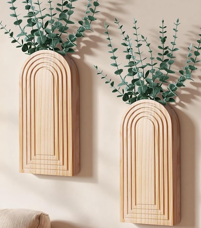 Wooden Wall Vase Set of 2, Wall Hanging Planter Modern Farmhouse Wall Decor for Boho Wall Decor for Indoor Entryway Hallway Bathroom Living Room Dining Room