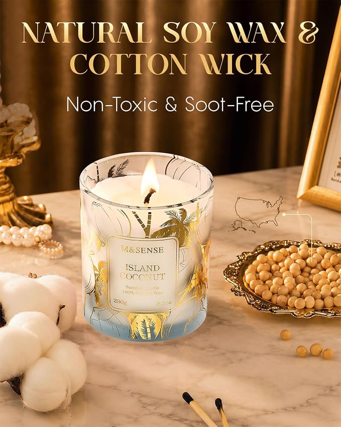 M&SENSE Coconut Soy Candle, 8.1oz Gilded Glass Summer Island | 42H Slow Burn, Natural Soy Wax, Gilded Glass, Tropical Coconut, Sensitive-Friendly