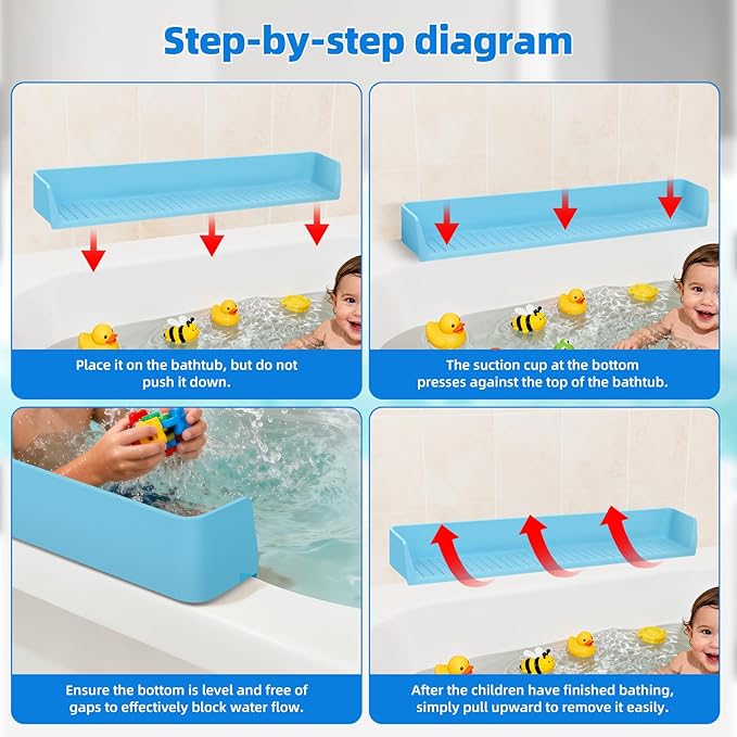Extended Super Long Kids Bathtub Splash Guard - 32 Inch Food-Grade Silicone, 11 Strong Suction Cups, Toy Tray Caddy & Bath Toy Storage, No Spill Barrier (Blue)