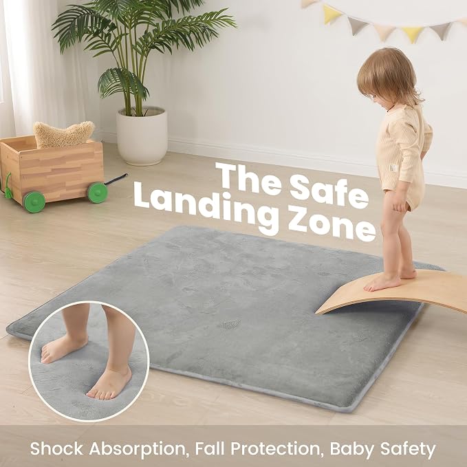 Baby Play Mat for Floor,1.3" Thick Elasti-Foam 50"×50" Playpen Mat for Tummy Time,Water Repellent Soft Coral Velvet for Toddler,Infant,Kids,Non-Slip Backing Safe for Crawling(Light Gray)