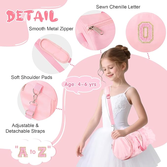 Personalized Initial Dance Bag for Girls 4-6, Small Lace Gym Sport Yoga Cheer Dance Bags Gift for Teen Girls, Cute Letter Kids Ballet Bag Toddler Travel Duffel Tote with Adjustable Straps(Pink-O)
