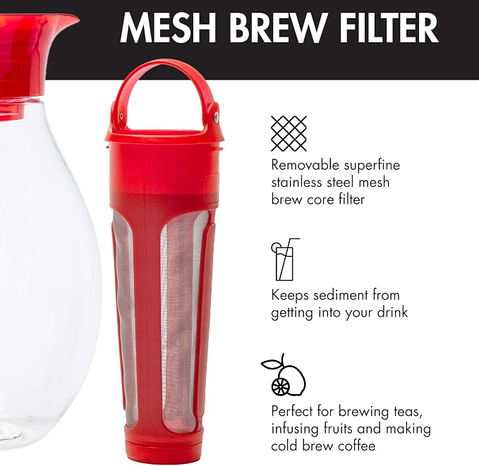 Primula The Big Iced Tea Maker Tritan Plastic Infusion Beverage Pitcher with Leak Proof, Airtight Lid, Fine Mesh Resuable Filter, Manufactured without PFOA, Dishwasher Safe, 1-Gallon, Red