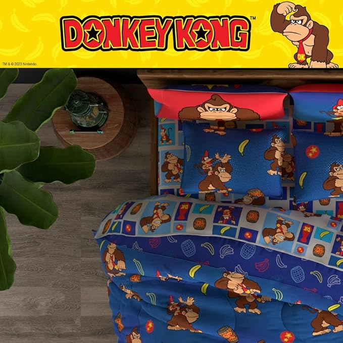 Collectibles Nintendo Donkey Kong Gaming Bedding 7 Piece Super Soft Reversible Comforter and Sheet Set with Sham, Queen, (Officially Licensed Product) By Franco