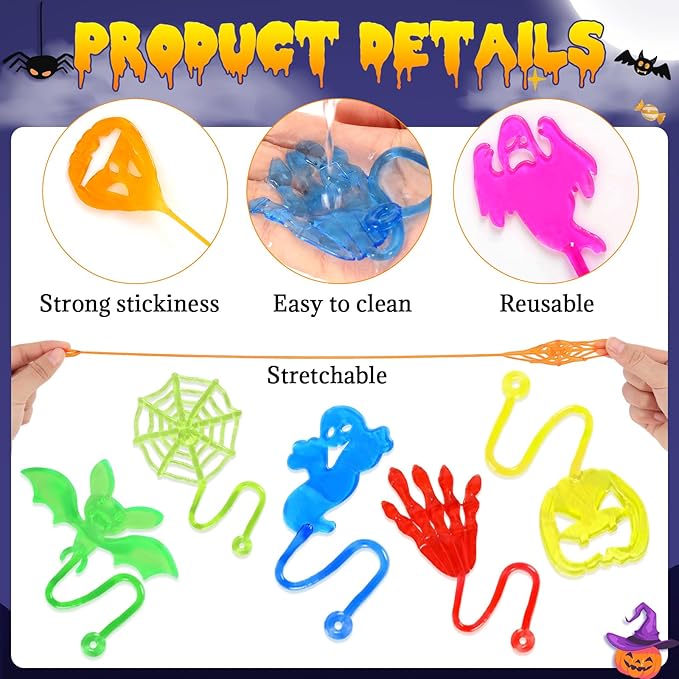 24 PCS Halloween Sticky Hands Party Favors for Kids, Stretchy Spider Sticky Web Ghost Pumpkins Bats Toys for Trick or Treat Halloween Party Gifts, Goodie Bag Stuffers Fillers, Classroom Prizes