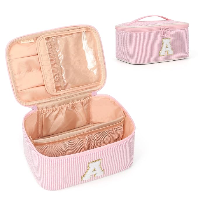 OCHEAL Makeup Bag Valentines Day Gifts for Women, Monogram Cosmetic Bag Pink Travel Makeup Case Beauty Toiletry Bag Organizer Personalized Gifts for Girls Bridesmaid, Sister, Wife, Friends Initial A