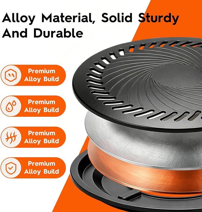 Korean BBQ Grill Pan, Nonstick 13.5" Round Indoor Grill Pan Smokeless Cast Aluminum Includes Food Tongs & Grill Plate Handle, Outdoor Camping Grilling, Picnic Cooking
