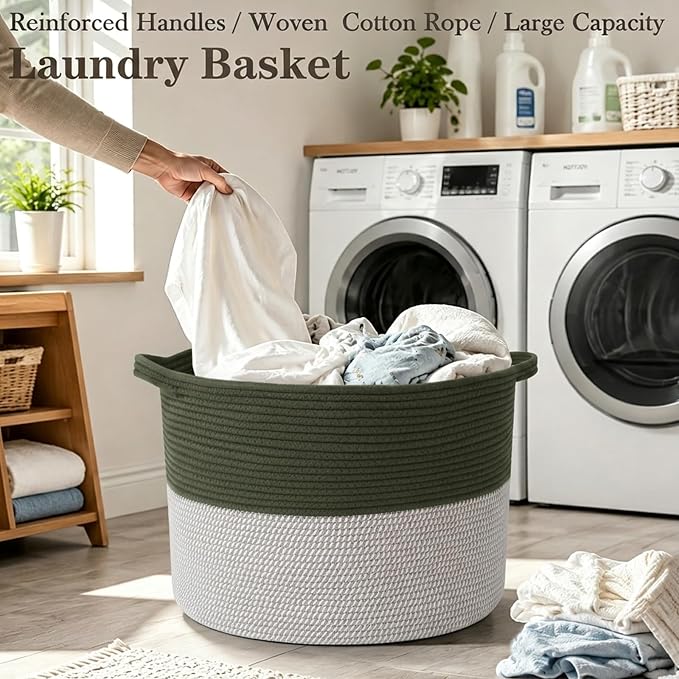 65L Large Blanket Basket,Woven Rope Laundry Basket-Green&White | Collapsible, reinforced handles, nursery storage bin organizes clothes, toys and pillows for living room, bedroom bathroom