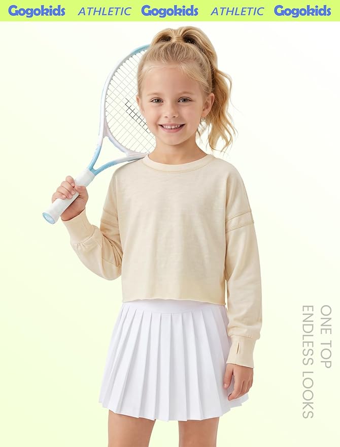 Gogokids Girls Shirts Long Sleeve Athletic Shirts Open Back Tops Active Sports Tshirts Yoga Workout Crop Tees 5-14 Years