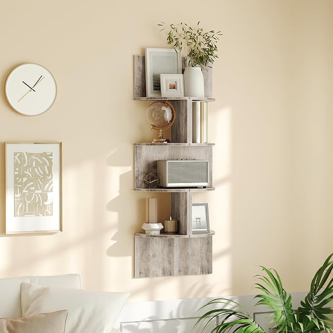 HOOBRO Corner Shelf Wall-Mounted, Set of 2 Floating Corner Shelves for Wall, 4-Tier Corner Bookshelves for Wall Decor in Living Room, Bedroom, Bathroom, Home Office, Greige BG25BJP201