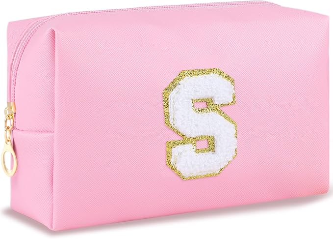 URSKYTOUS Patch Makeup Bag Travel Small Cosmetic Bag Pink PU Makeup Pouch Zippered Personalized Preppy Initial Skin Care Stuff Bag for Women Birthday Gift Teen Girl Gifts Trendy Stuff(S)