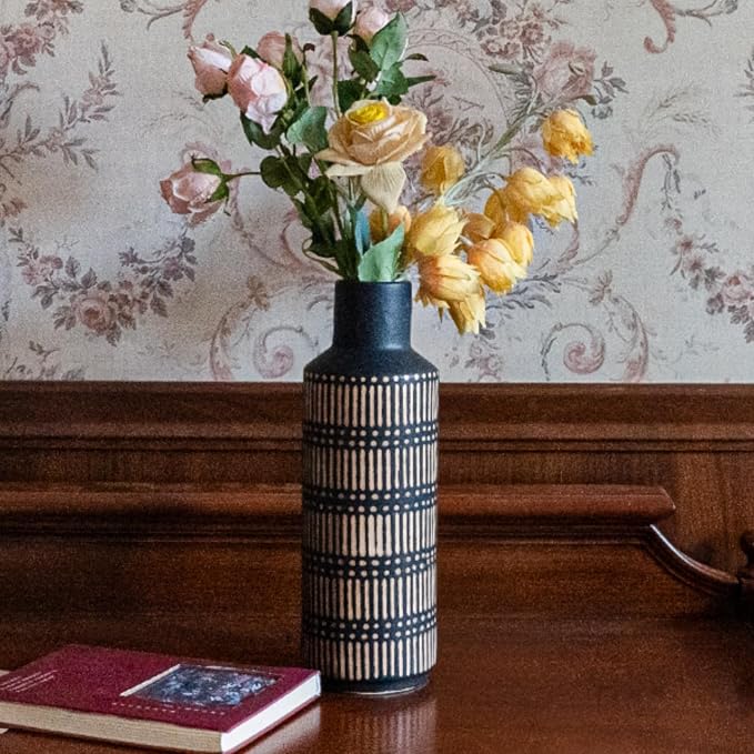 Rustic Ceramic Vase for Living Room Bedroom 11.02'' Black Flower Vase for Bouquet Fake Plant Home Decor Office Table Shelf Fireplace Centerpieces Antique Retro Vintage Classic Modern