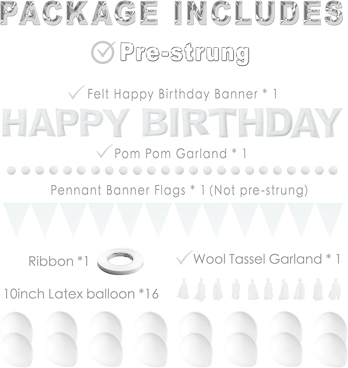 Elegant White Themed Birthday Decoration Set, White Pre-Strung 3D Felt Happy Birthday Banners, Pom-Pom Garland, Party Pennant Felt Banner Flags, Tassel Garland, Balloons, Reusable Party Decor,Photo Prop