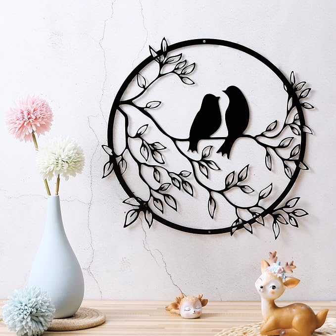 Ferraycle Metal Wall Art Bird on Tree Branch Silhouette Bird Hanging Ornament Porch Wall Decor for Living Room Outdoor Garden Bedroom Office Housewarming Party Decoration(Black)