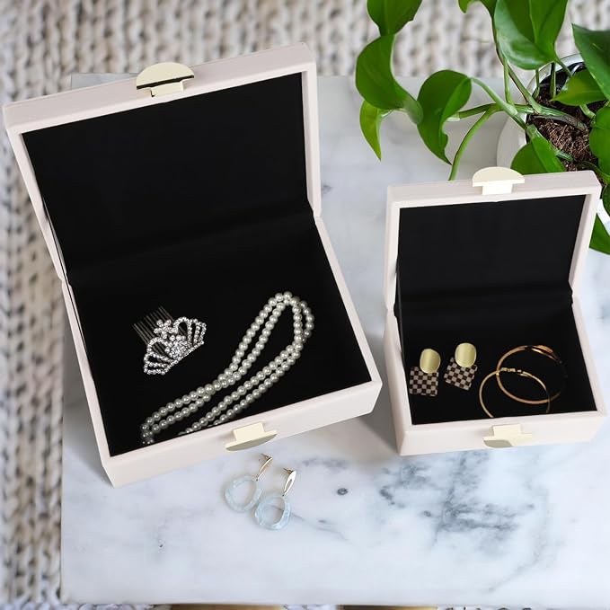HofferRuffer Faux Leather Jewelry Boxes, Decorative Boxes Storage Accessory Organizer with Gold Hardware Decor, Classic Vegan Leather Set of 2 Pieces (CreamWhite)