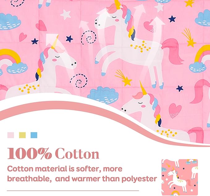 Sivio 100% Cotton Weighted Lap Pad 3lbs Sensory Throw Pad with Glass Beads Portable Lap Blanket Great for Home Classroom Travel, 20' x 30', Pink Unicorn