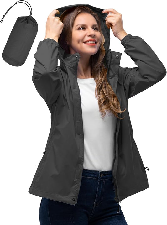 33,000ft Women's Rain Jacket Waterproof Lightweight Packable Raincoat with Hood for Golf Hiking Travel Windbreaker