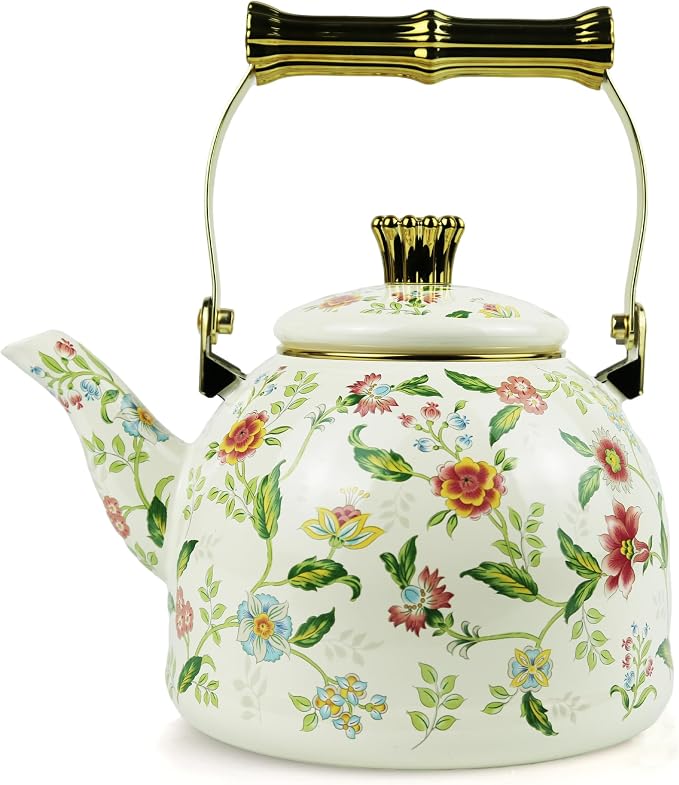 Vintage Enamel Tea Kettle Fragrant Flowers Pattern Stovetop Teapot with Gold Handle 2.5L Enamel Kettle Kitchen Decor, Ideal Gift for Housewarming Camping Coffee Pot