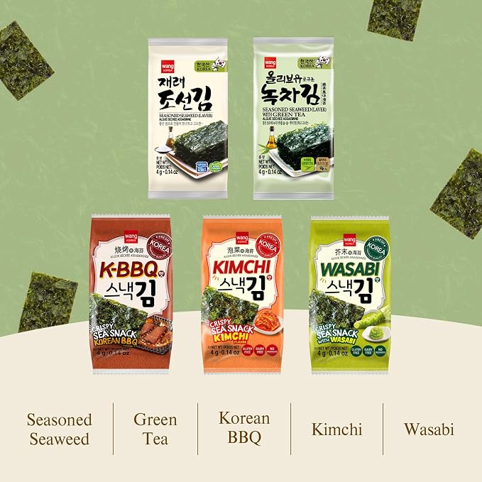 Wang Olive Oil Roasted Seaweed Snack with Green Tea | Gluten-free, Keto-friendly, Vegan, Healthy Snack 0.14 Ounce, Pack of 16