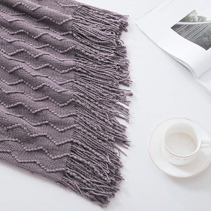 BOURINA Dark Lavender Throw Blanket 50x90 Inch Knit Soft Throw Bed Blanket | Knitted Throw Blanket 50x90 Inches, Soft Lightweight Boho Weave Throw Decorative Couch Blanket for Living Room Bed Runner
