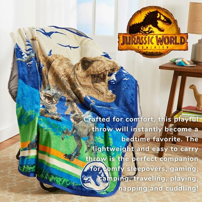 Jurassic World Dominion Rexy T-Rex Kids Bedding Super Soft Silk Touch Throw, 40 in x 50 in, (Official Licensed Product) by Franco