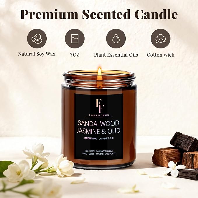 Sandalwood Jasmine Scented Candle for Home Soy Wax Candle, Aromatherapy Candle Gift for Women Men, 7oz
