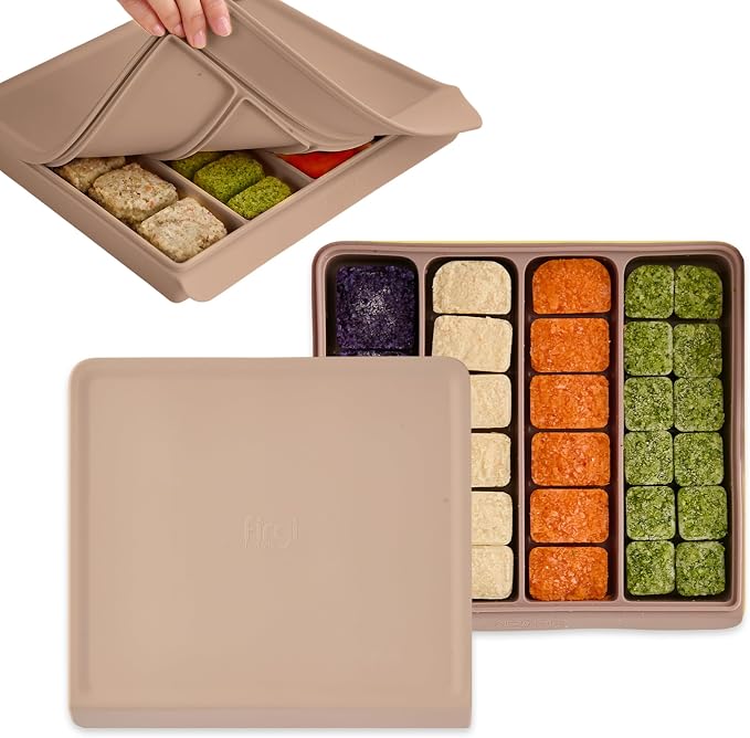Silicone Baby Food Storage Container with Lid - 26oz 4 Compartment Stackable Meal Prep for Baby Food, Puree, Snacks, Kimbap & Sushi - Airtight, Microwave & Dishwasher Safe, Made in Korea, Brown