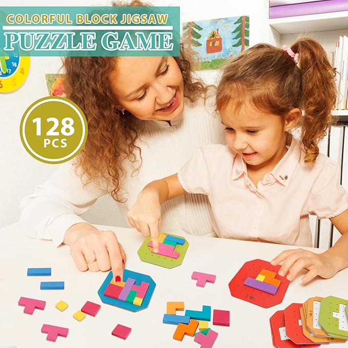 128Pcs Block Puzzle,Colorful Block Jigsaw Puzzle Game,3D Russian Bloc-k Tangram Puzzle,Brain Teaser Toys