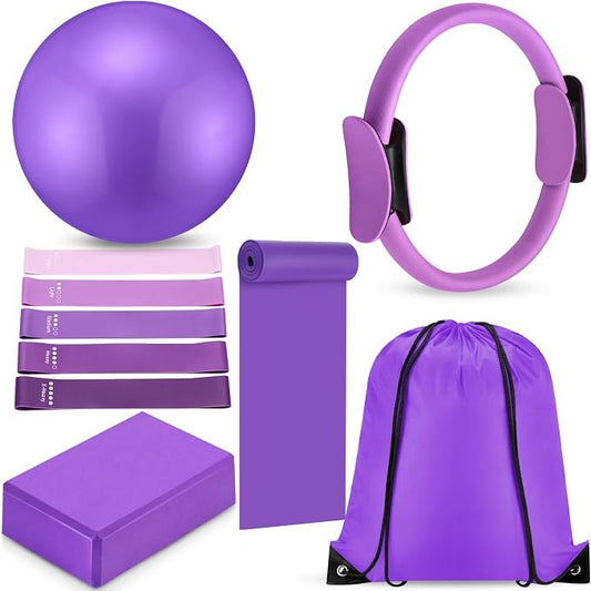 Silipull 10 Pcs Pilates Ring Blocks Set for Women Home Yoga Equipment Accessories Pilates Ring Circle and Ball Workouts Gift Include Ball Yoga Circle Resistance Bands Block Straps Gym Bag