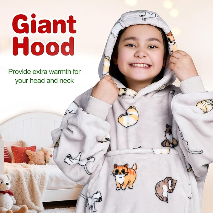 Waitu Wearable Blanket for Kids, Wearable Blanket Hoodie Gifts for Teens Girls and Boys, Warm Blanket Sweatshirt for Teenage, Thick Flannel Hoodie Blanket with Sleeves - Cat Gray