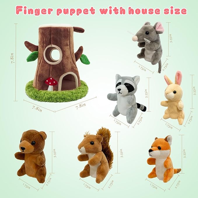6 Pcs Jungle Animals Finger Puppet with Tree Houses,Realistic Soft Plush Puppets for Kids, Novelty Animals Toys Role-Playing Story Finger Puppets Gifts for Boys and Girls