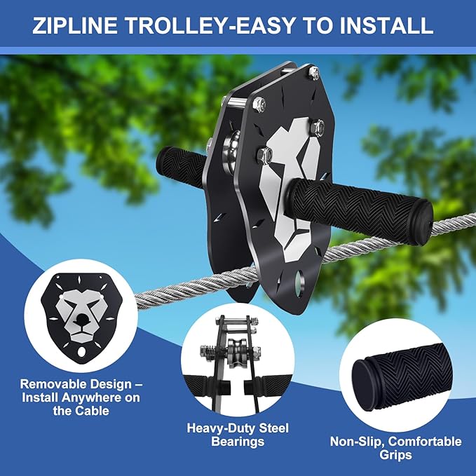 110FT Zip Line Kit for Kids & Adults, Up to 360 lbs - Updated Removable Trolley, Thickened Seat, Safety Harness, Spring Brake - Backyard Outdoor Zipline with Tree Climbers, Christmas Birthday Gift