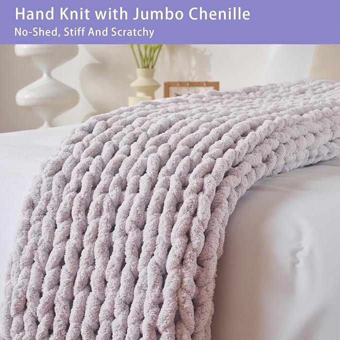 Bigacogo Chunky Knit Throw Blanket for Couch, 40x80 inches, Berry Haze | Hand Knit with Jumbo Chenille, Soft Breathable Cable Knit for Sofa Bed Living Room, Machine Washable, Gift for Mom Friend