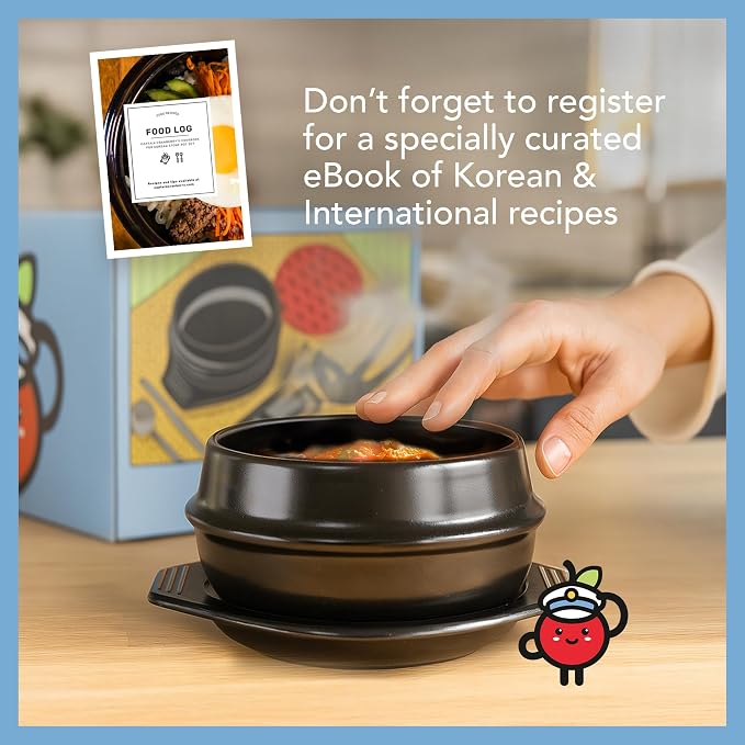 Korean Stone Pot Set, Dolsot Ttukbaegi Cookware, 38.7oz | 7 Piece Set, 38.7oz, Hot Pot Grip, For Bibimbap Soup Jjigae and Ramen, Ceramic Earthenware, Korean Soup Bowl