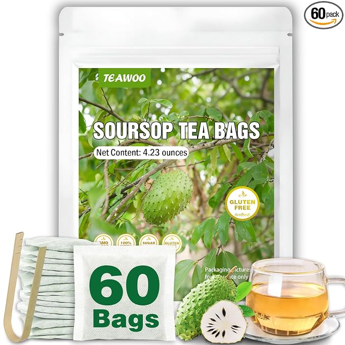 TEAWOO Soursop Tea Bags, 60 Packs 100% Natural Soursop Leaves (Hojas de Guanabana), Sugar-Free Caffeine-Free Gluten-Free Non-GMO Herbal Tea