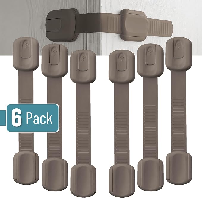 Bates- Child Safety Strap Locks, 6 Pack, Warm Gray, Baby Cabinet Locks with Adjustable Strap Length