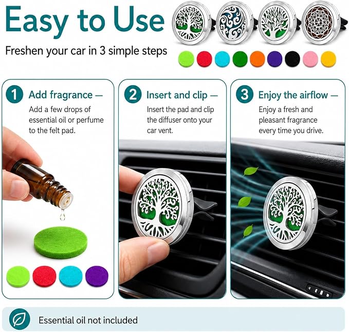 4 Pack Car Vent Essential Oil Diffuser Clips, Silver Tree of Life Air Freshener Vent Clips with 40 Colorful Felt Pads, Reusable Metal Car Aroma Diffuser for Essential Oils, Perfume