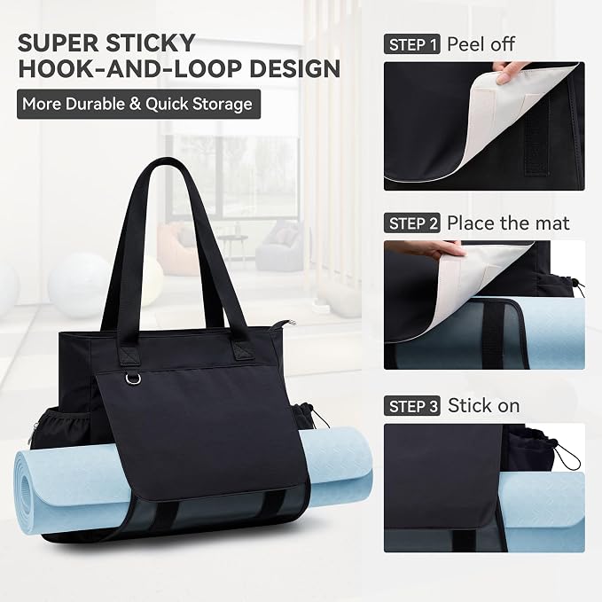 WLLWOO Gym Tote Bag Thick Yoga Mat Bag with Breathable Mesh Holder Carryall Waterproof Wet Pocket for Pilates Travel Beach Workout Women
