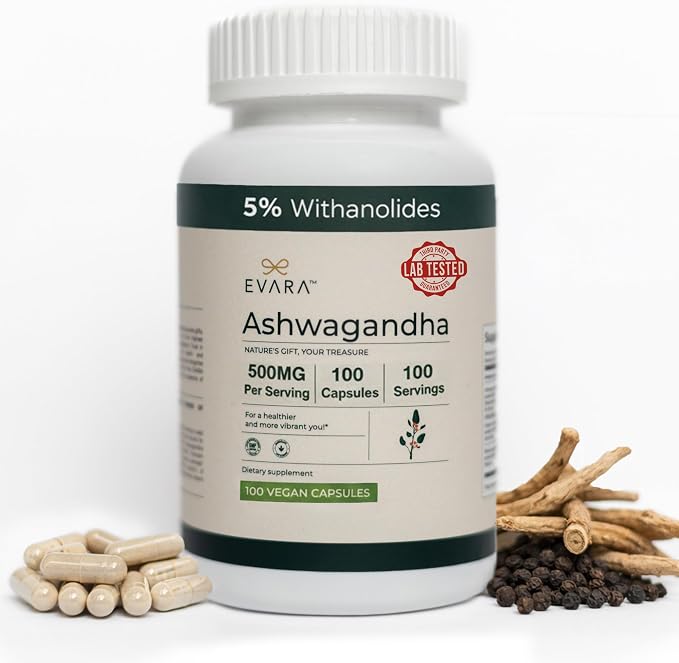 EVARA 5% Ashwagandha Pills 500mg (100 count) - 100 Day Supply | High Potency Ashwagandha Root Extract with Black Pepper & 5% Withanolides | Organic Ashwagandha Powder, Vegan, Gluten Free GMP Certified