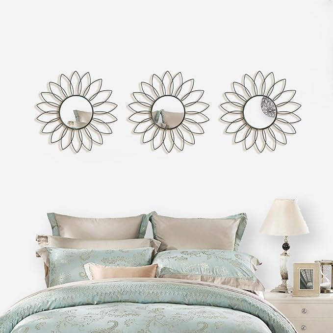 3 Pack Metal Mirrors for Wall Sunburst Wall Mirrors Home Décor Decorative Hanging Wall Art for Living Room Bedroom Entryway (Black2, Flowers)
