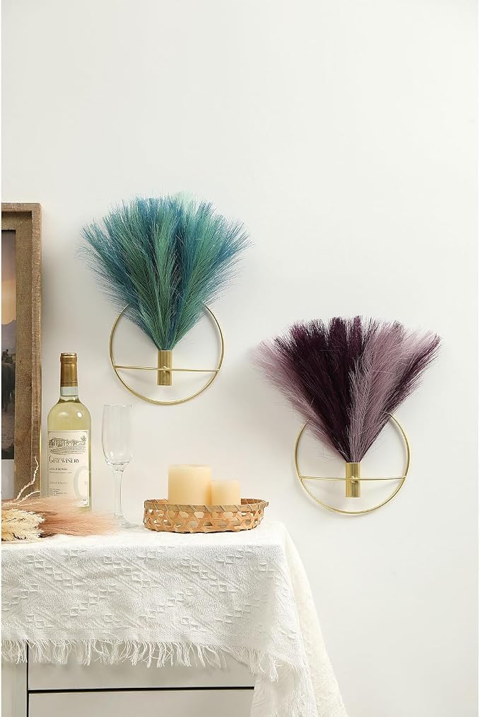 Pretty Jolly Boho Pampas Wall Decor Black Metal Wall-Mounted Art | Morden Artificial Greenery Display，2 Pack Hanging Planter For Living Room, Bedroom, Bathroom, Dining room