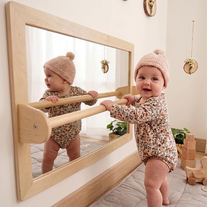 Infant Coordination Mirror Montessori Safety Pull up Bar Baby MirrorAcrylic Non-Glass Early Learning to Walk Mirror Upgrade Dual-Use with Base for Lengthened Version Hanging Toys 59.05”