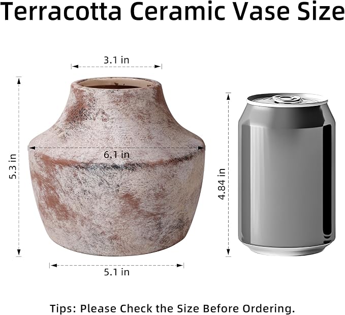 Ceramic Flower Vase, 5.3 Inch Rustic Vase for Flowers, Small Terracotta Pottery Vase for Home Decor, Farmhouse Decorative Vase for Living Room Kitchen Table Shelf Bedroom Decor