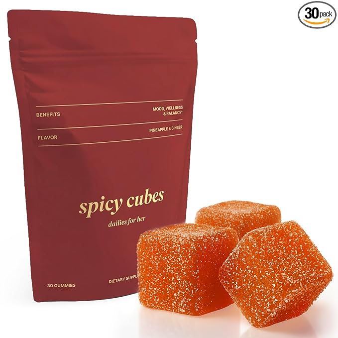 Spicy Cubes Dailies for Her – Feminine Balance Wellness Gummies with Saffron & Fenugreek – Natural Mood Support, Female Vitality & Energy – Tropical Pineapple Ginger Flavor, Plant-Based (30 Gummies)
