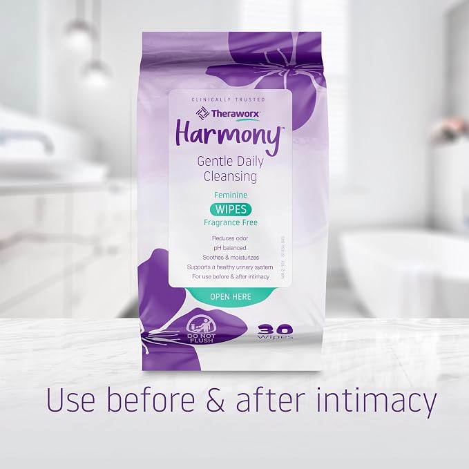 Theraworx Harmony Gentle Daily Cleansing Feminine Wipes, Fragrance Free, Urinary Hygiene – 30 Count (Pack of 3)