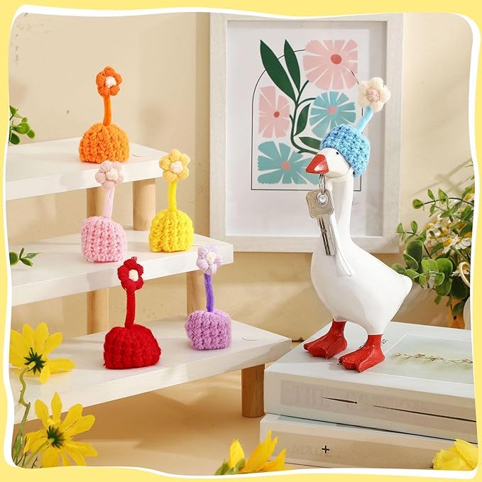 Geyoga 6 Pcs Mini Knitted Hats 7 Inch Goose Outfits Hat with Adjustable Strap Mini Porch Goose Headwear for Statue Key Holder