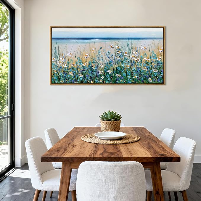 Large Blue Seaside Cyan Floral Wall Painting wildflower Blossom Art Framed Artwork for Living Room Bedroom 20x40 Inch