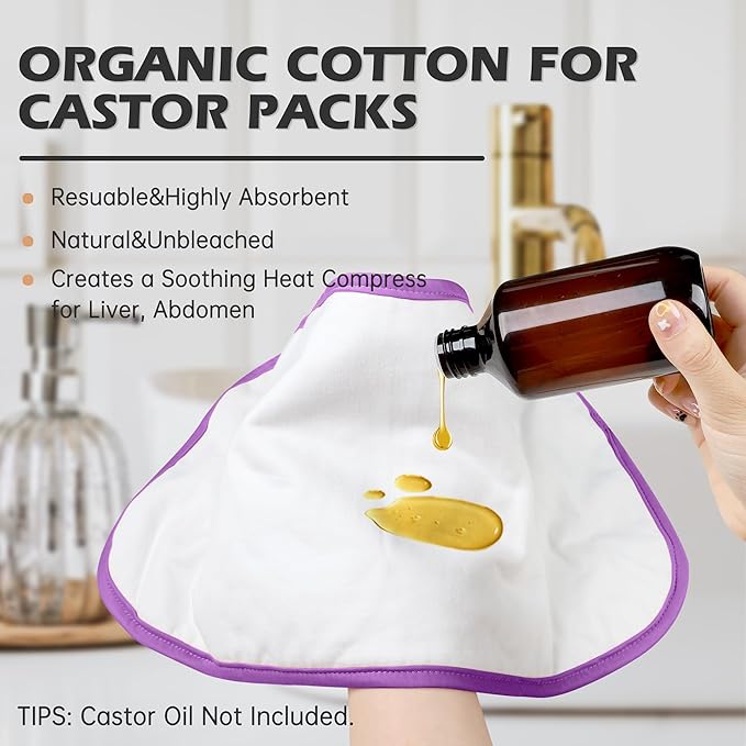 2 Pack Organic Cotton Castor Oil Wrap for Liver Detox, Reusable Compress, Highly Absorbent, Anti-Leak, Lavender