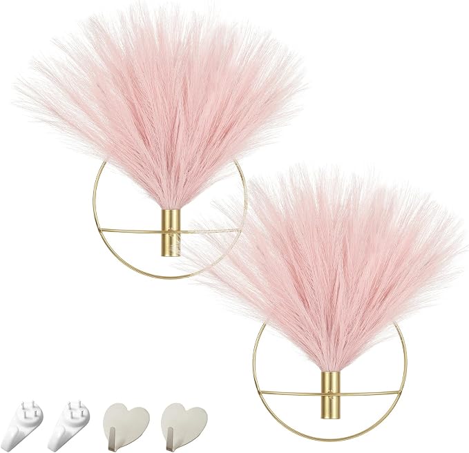Pretty Jolly Boho Pampas Wall Decor Gold Metal Wall-Mounted Art | Morden Artificial Greenery Display，2 Pack Hanging Planter For Living Room, Bedroom, Bathroom, Dining room