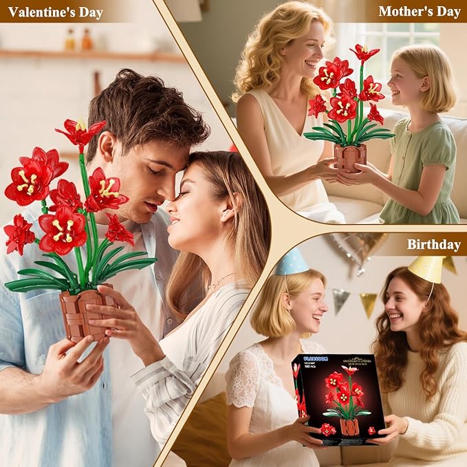 Amaryllis Flowers Bonsai Building Set, Botanical Collection Building Block, Artificial Plant Kit Home Decor, 503 PCS Flower Bouquet Bonsai for Her Adults Kids Boys Girls 12+